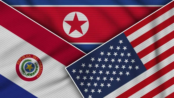 North Korea United States America Paraguay Flags Together Fabric Texture —  Fotos de Stock