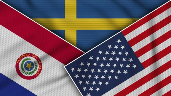 Швеция Объединила Парагвайские Флаги Сша Вместе Иллюстрацией Эффекта Текстуры Ткани — стоковое фото