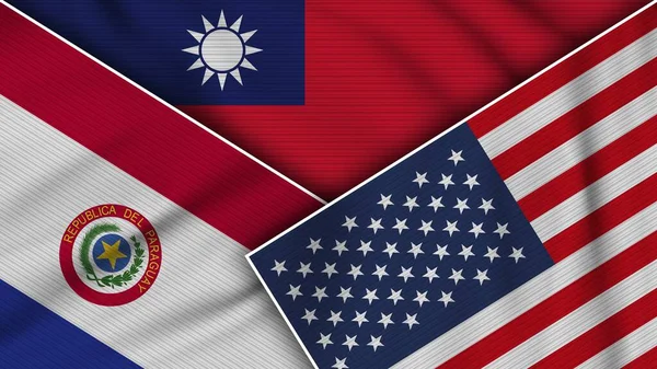 Taiwan Vereinigte Staaten Von Amerika Paraguay Fahnen Zusammen Stoff Textur — Stockfoto