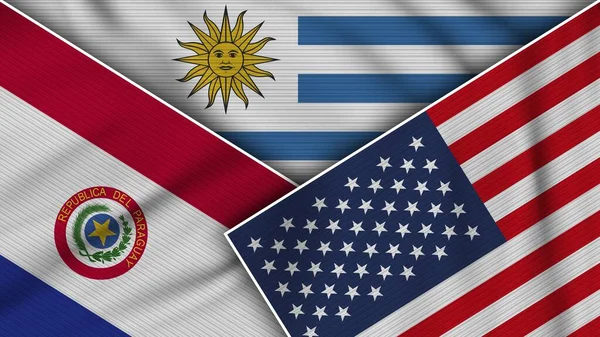 Uruguay Amerika Birleşik Devletleri Paraguay Bayrakları Kumaş Dokusu Llüstrasyon Etkisi — Stok fotoğraf