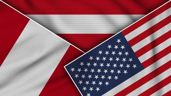 奥地利美利坚合众国秘鲁国旗一起 织物纹理效果说明 — 图库照片