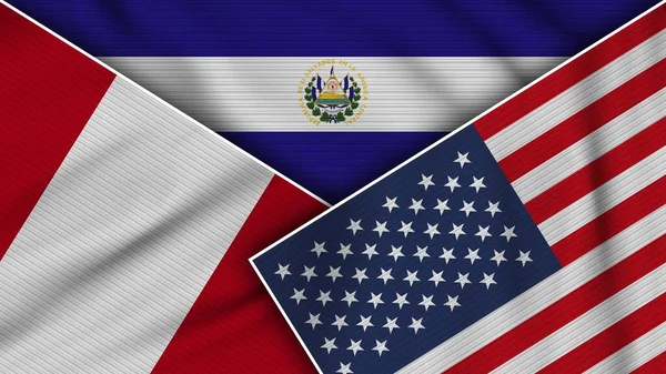 萨尔瓦多美利坚合众国秘鲁国旗一起 织物纹理效果图解 — 图库照片