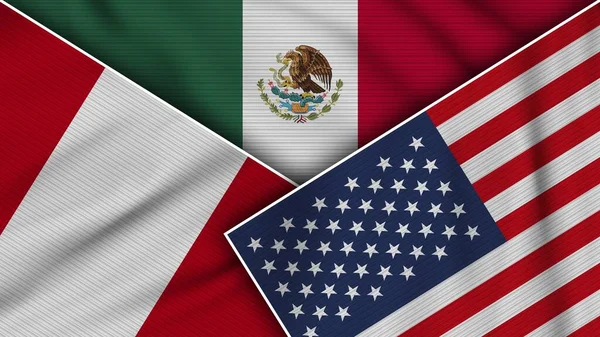 墨西哥美利坚合众国秘鲁国旗一起 织物纹理效果说明 — 图库照片