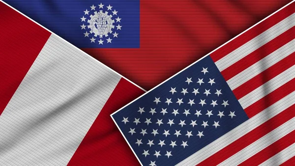 Myanmar Burma United States America Peru Flags Together Fabric Texture — Stock Photo, Image