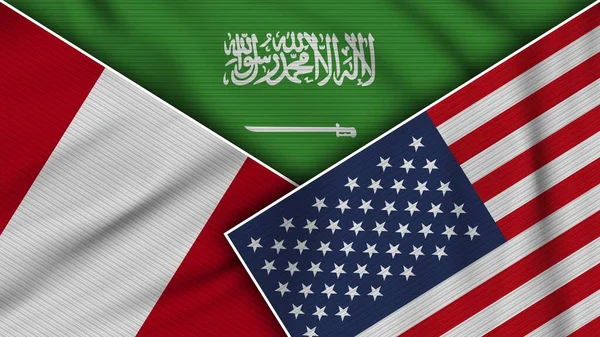 Arabia Saudita Stati Uniti America Perù Bandiere Insieme Tessuto Texture — Foto Stock