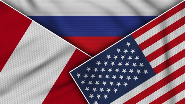 Russia United States America Peru Flags Together Fabric Texture Effect — Stock Photo, Image
