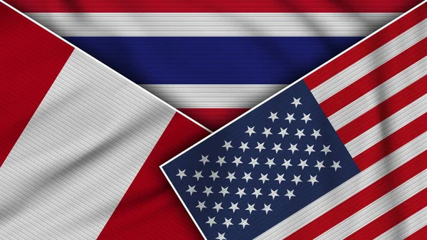 Thailand Vereinigte Staaten Von Amerika Peru Fahnen Zusammen Stoff Textur — Stockfoto