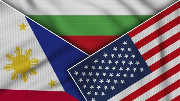 Bulgaria United States of America Philippines Flags Together Fabric Texture Effect Illustration