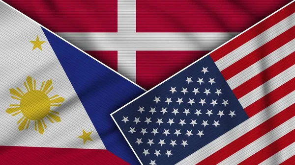 Denmark United States America Philippines Flags Together Fabric Texture Effect — Stok fotoğraf