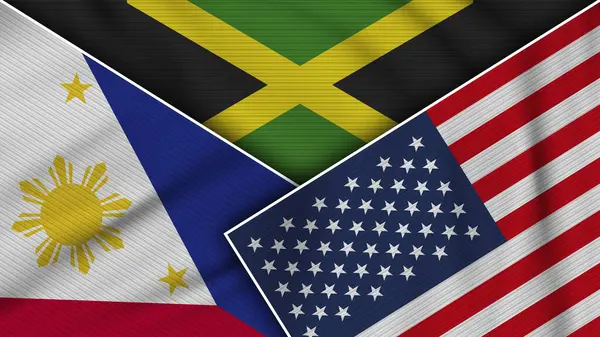 Jamaica Vereinigte Staaten Von Amerika Philippinen Fahnen Zusammen Stoff Textur — Stockfoto