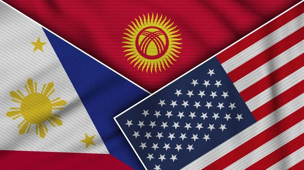 Kyrgyzstan United States America Philippines Flags Together Fabric Texture Effect — Stok fotoğraf