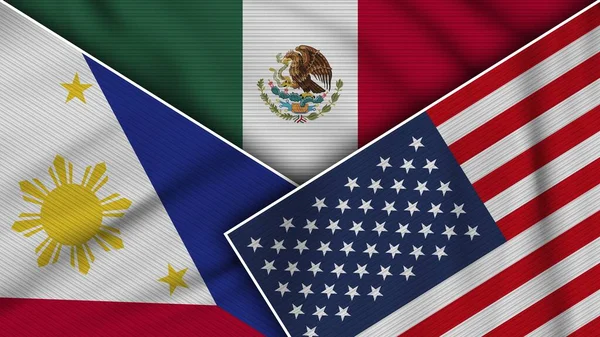 Mexico United States America Philippines Flags Together Fabric Texture Effect — Stok fotoğraf