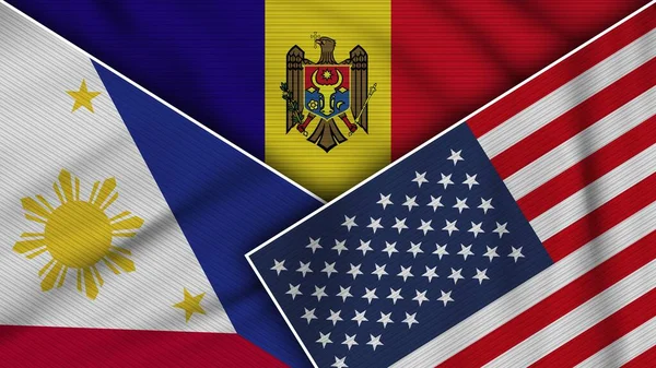 Moldova United States America Philippines Flags Together Fabric Texture Effect — Stok fotoğraf