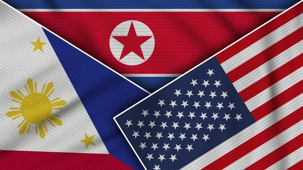 Coreia Norte Estados Unidos América Filipinas Bandeiras Juntas Tela Textura — Fotografia de Stock