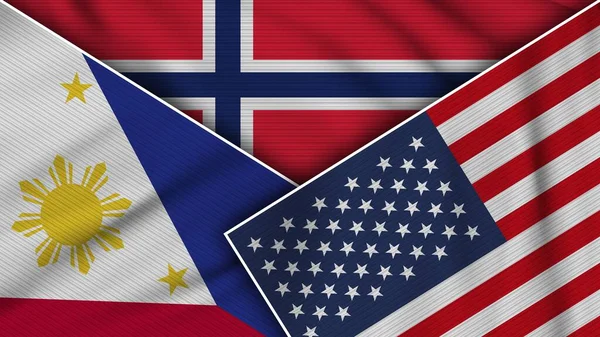 Norway United States America Philippines Flags Together Fabric Texture Effect — Stok fotoğraf