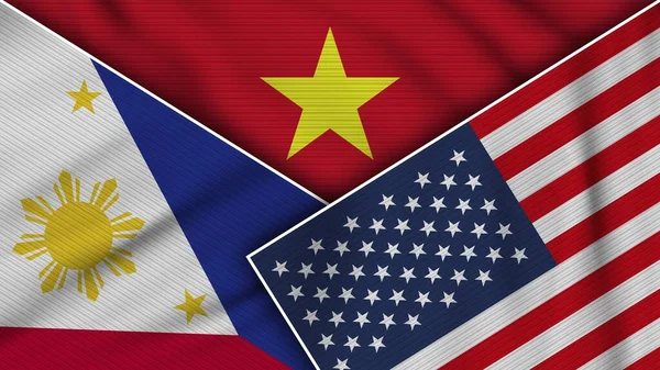 Vietnam United States America Philippines Flags Together Fabric Texture Effect — Stok fotoğraf