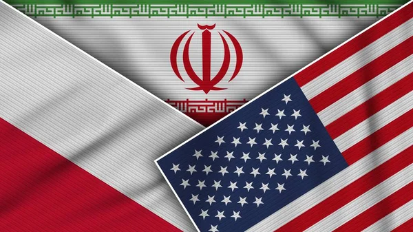 Iran Stany Zjednoczone Ameryki Flagi Polska Razem Efekt Tekstury Tkaniny — Zdjęcie stockowe