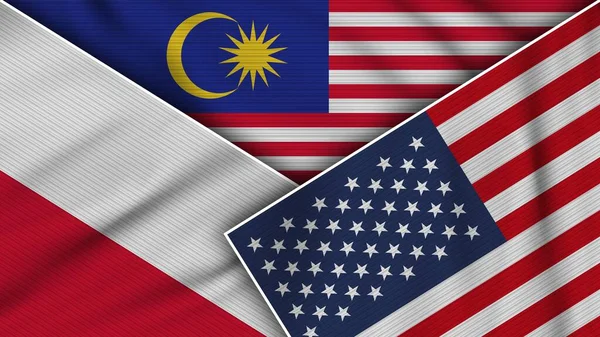 Malaysia United States America Poland Flags Together Fabric Texture Effect — Stock Photo, Image