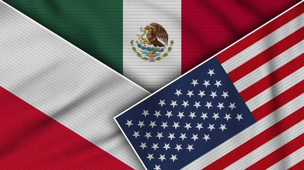 Mexico United States America Poland Flags Together Fabric Texture Effect — Stok fotoğraf