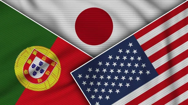 Japan Vereinigte Staaten Von Amerika Portugal Flaggen Zusammen Stoff Textur — Stockfoto