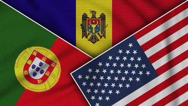 Moldova United States America Portugal Flags Together Fabric Texture Effect — ストック写真