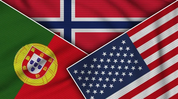 Noruega Estados Unidos América Portugal Bandeiras Juntas Efeito Textura Tecido — Fotografia de Stock