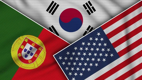 South Korea United States America Portugal Flags Together Fabric Texture — Photo