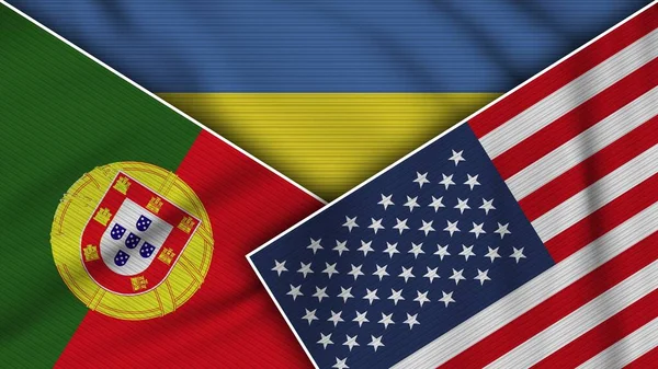 Ukraine Vereinigte Staaten Von Amerika Portugal Flaggen Zusammen Stoff Textur — Stockfoto