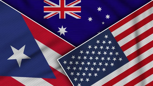 Australia Stany Zjednoczone Ameryki Portoryko Flagi Razem Fabric Texture Effect — Zdjęcie stockowe