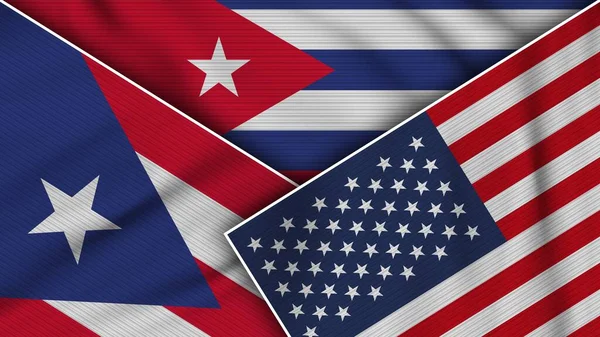 Cuba United States America Puerto Rico Flags Together Fabric Texture — Stok fotoğraf