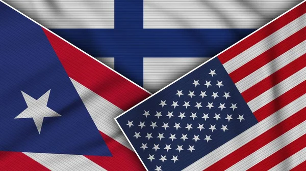 芬兰美利坚合众国波多黎各国旗一起织造纹理效果说明 — 图库照片