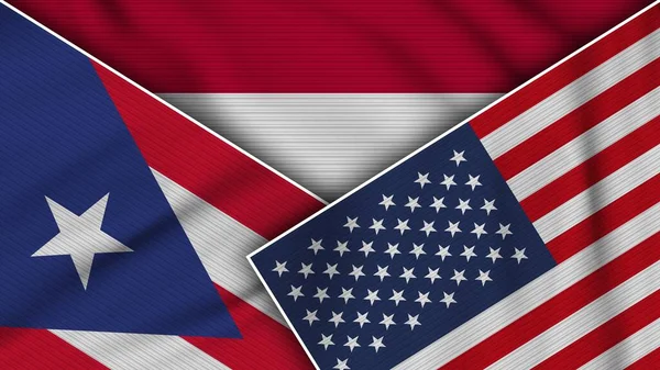 Indonésie Spojené Státy Americké Puerto Rico Flags Together Fabric Texture — Stock fotografie