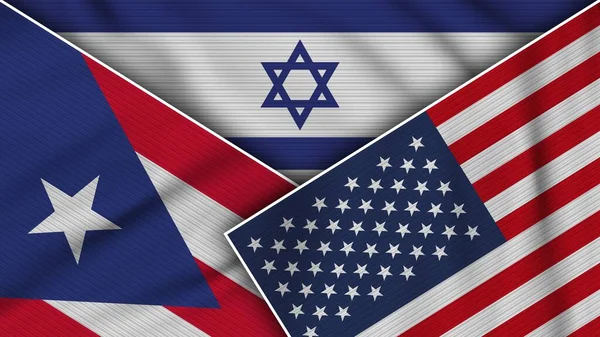 Izrael Stany Zjednoczone Ameryki Portoryko Flagi Razem Fabric Texture Effect — Zdjęcie stockowe