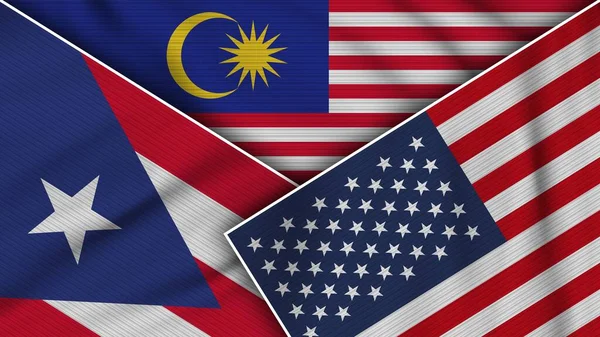 Malaysia United States America Puerto Rico Flags Together Fabric Texture — Stock Photo, Image