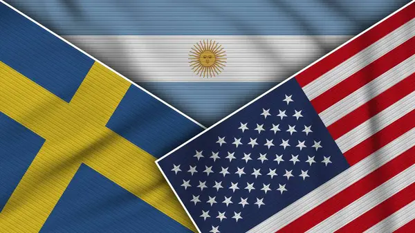 Argentina Estados Unidos América Suecia Banderas Juntas Textura Efecto Ilustración — Foto de Stock
