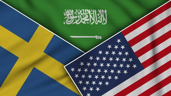 Arabia Saudita Stati Uniti America Svezia Bandiere Insieme Tessuto Texture — Foto Stock