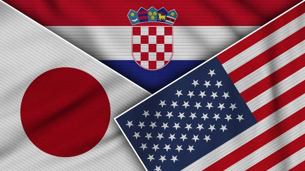 Kroatien Usa Japan Flaggor Tillsammans Tyg Textur Effekt Illustration — Stockfoto