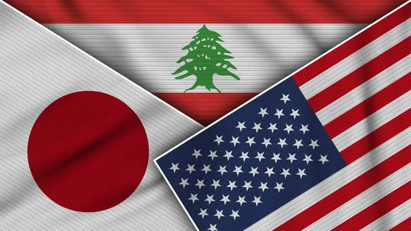 Libano Stati Uniti America Giappone Bandiere Insieme Tessuto Texture Effetto — Foto Stock