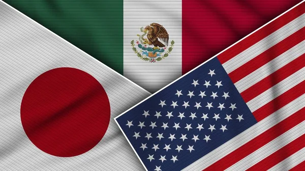 Mexiko Spojené Státy Americké Japan Flags Together Fabric Texture Effect — Stock fotografie