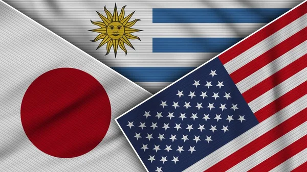 Uruguay Verenigde Staten Van Amerika Japan Vlaggen Samen Stof Textuur — Stockfoto