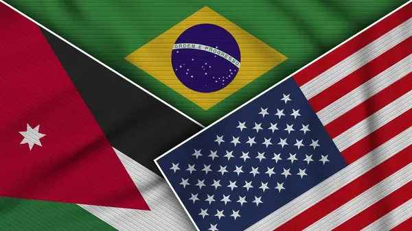 Brazil United States America Jordan Flags Together Fabric Texture Effect — Stock Photo, Image