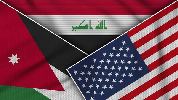 Irak Stany Zjednoczone Ameryki Jordania Flagi Razem Fabric Texture Effect — Zdjęcie stockowe