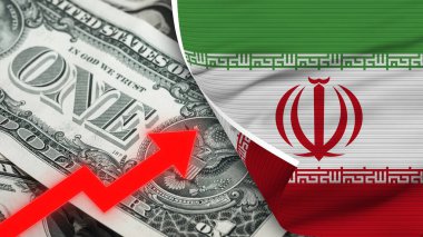 İran Gerçekçi Bayrağı, Usa Doları, Yükselen Zigzag Kırmızı Ok İllüstrasyonu