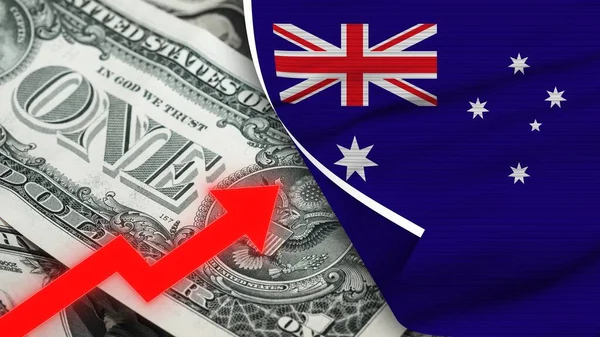 Australia Realistyczna Flaga Dolar Amerykański Powstająca Zygzakowska Czerwona Strzałka Ilustracja — Zdjęcie stockowe