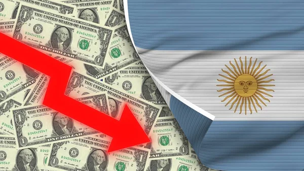 Argentyna Realistyczna Flaga Dolar Amerykański Zstępująca Zygzaka Czerwona Strzała Ilustracja — Zdjęcie stockowe