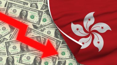 Hong Kong Gerçekçi Bayrağı, Usa Doları, İnen Zigzag Kırmızı Ok İllüstrasyonu
