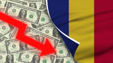 Romanya Gerçekçi Bayrak, Usa Doları, Düşen Zigzag Kırmızı Ok İllüstrasyonu