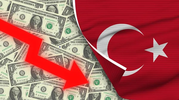 Turkiet Realistisk Flagga Usa Dollar Fallande Sicksack Röd Pil Illustration — Stockfoto