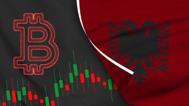 Albania Realistic Flag with Bitcoin Icon Fabric Texture Effect 3D Illustration