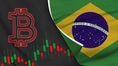 Brazil Realistic Flag with Bitcoin Icon Fabric Texture Effect 3D Illustration